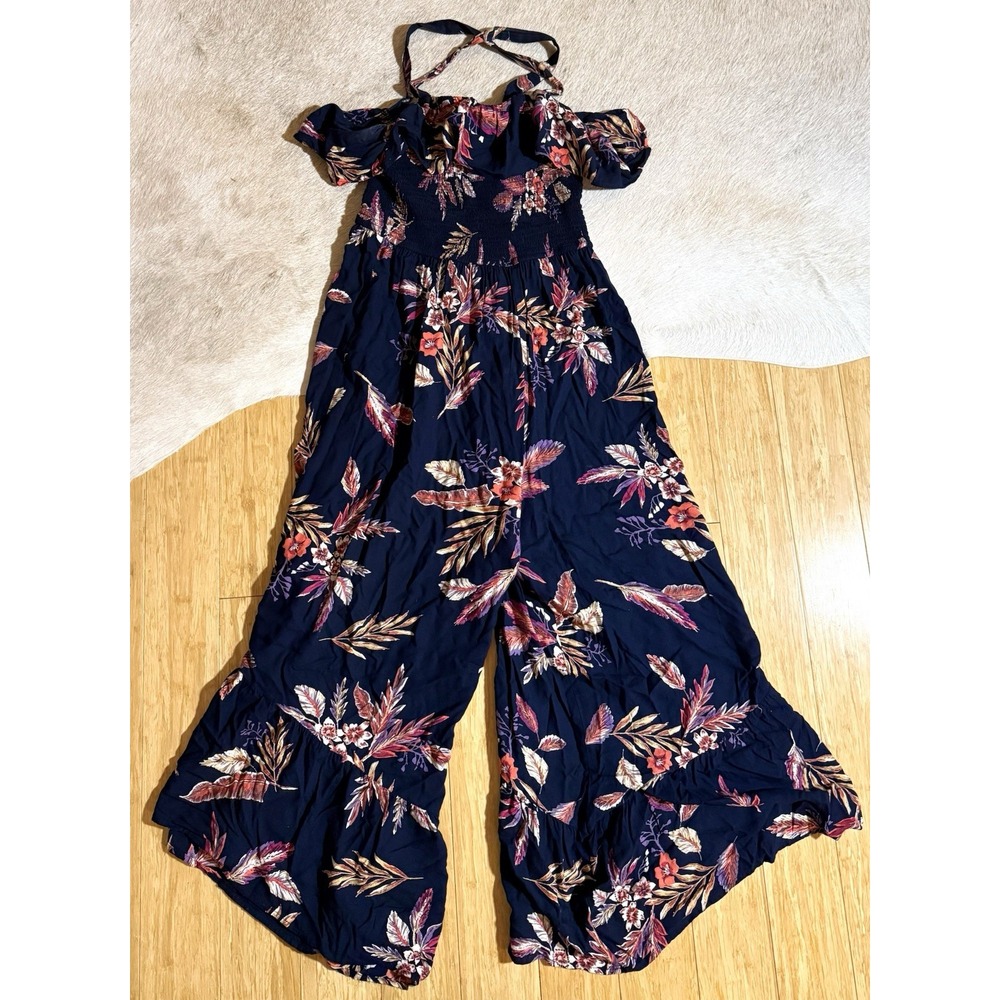 BOG Collective Women's Black Strap Floral Jumpsuit Romper Wide Leg Size Large‎